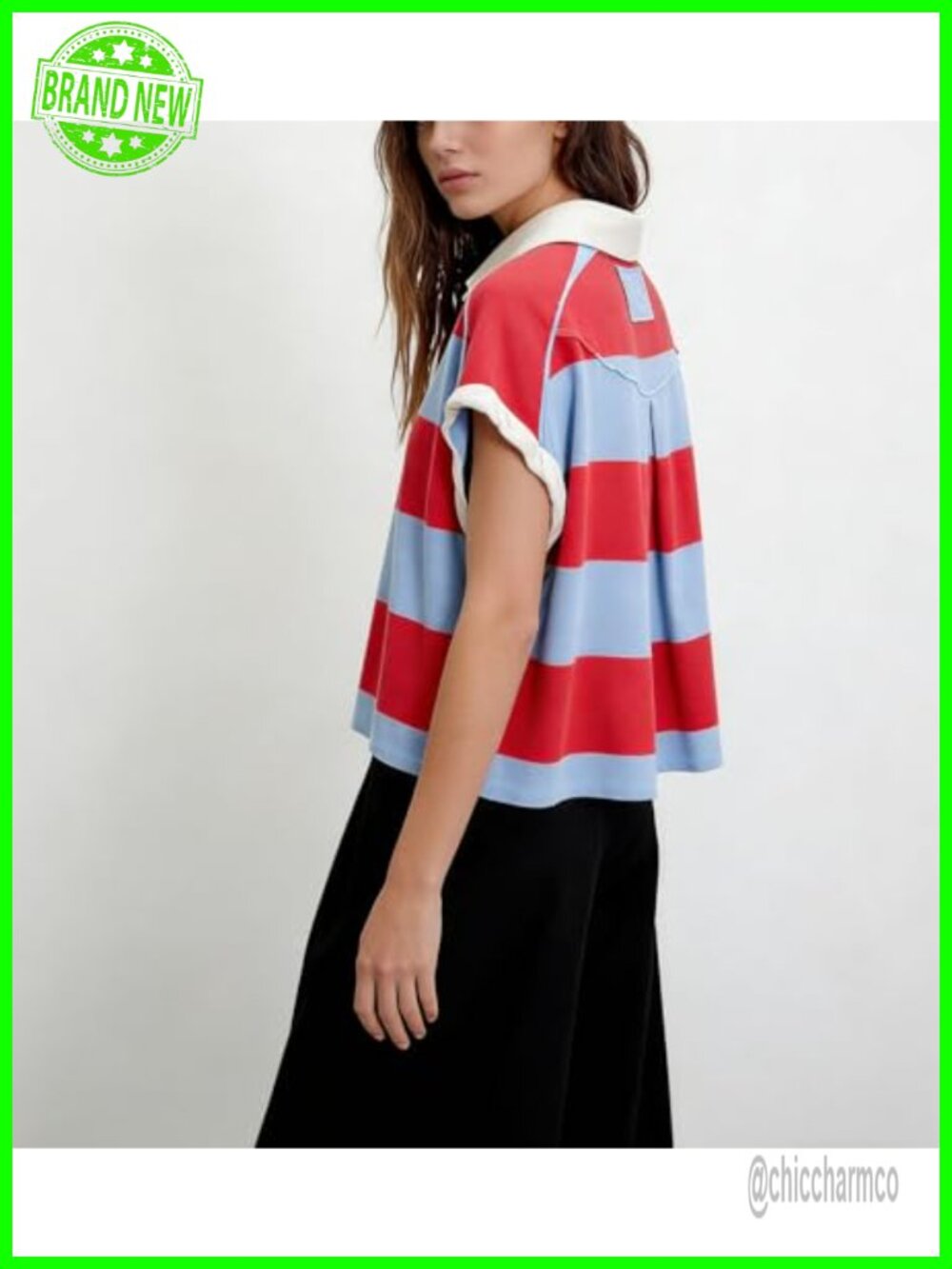 Striped Oversized Y2K Polo Top Short Sleeve Cropped Baggy T-shirt - Picture 3 of 6